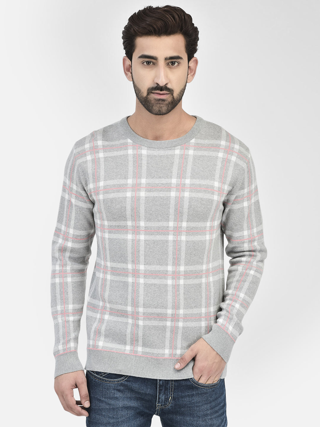 Grey Melange Checked Sweater-Men Sweaters-Crimsoune Club