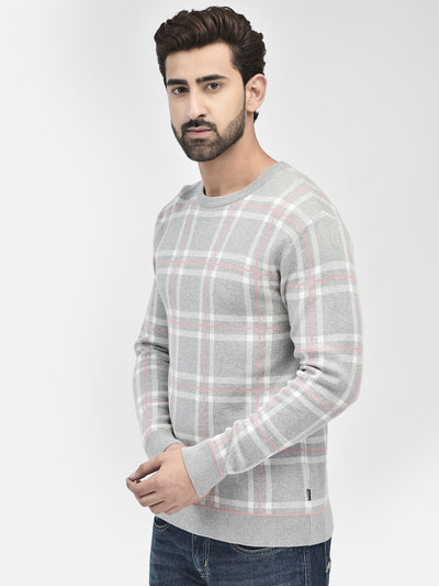 Grey Melange Checked Sweater-Men Sweaters-Crimsoune Club