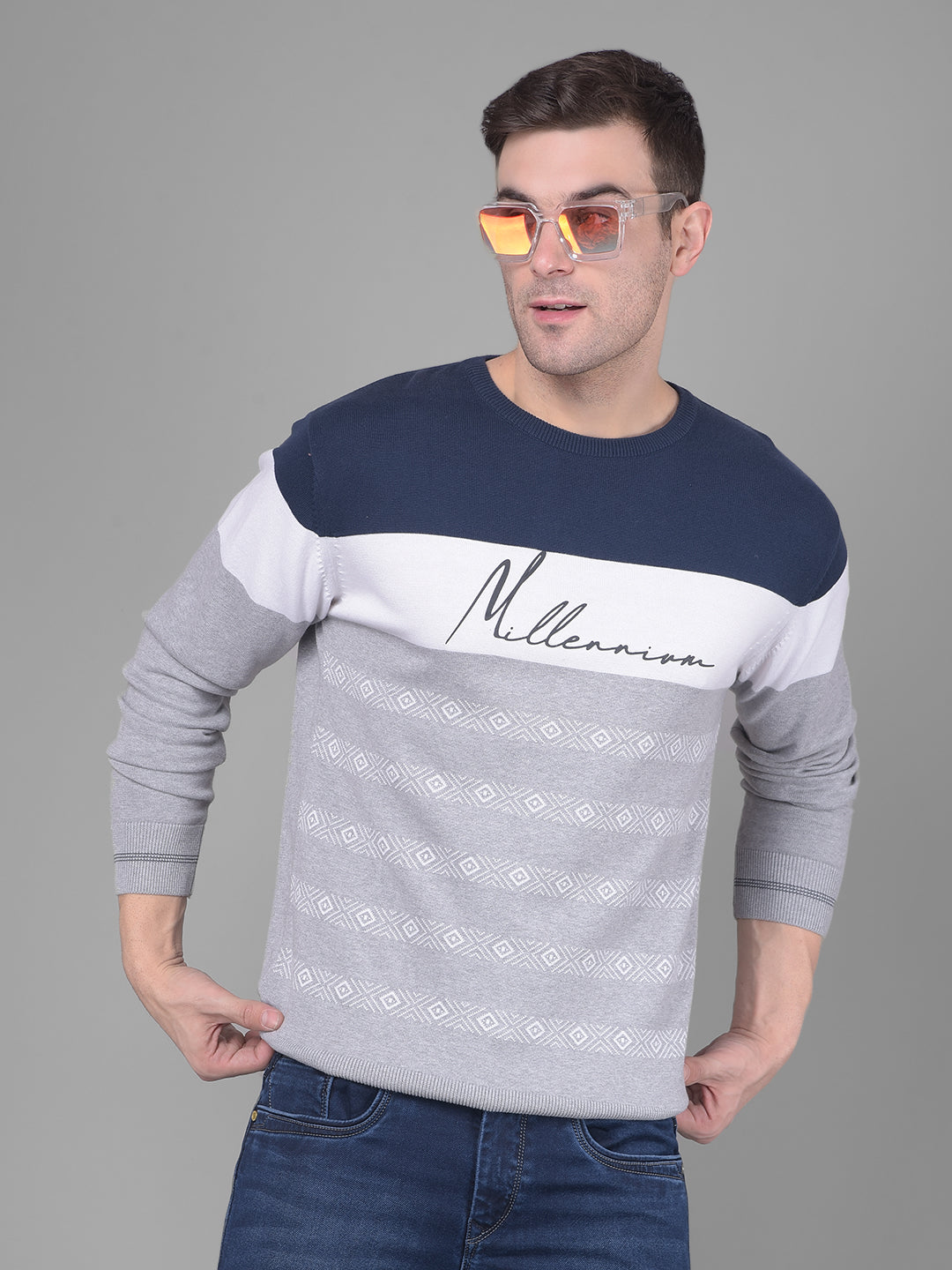 Navy Blue Colorblock Sweater-Men Sweaters-Crimsoune Club