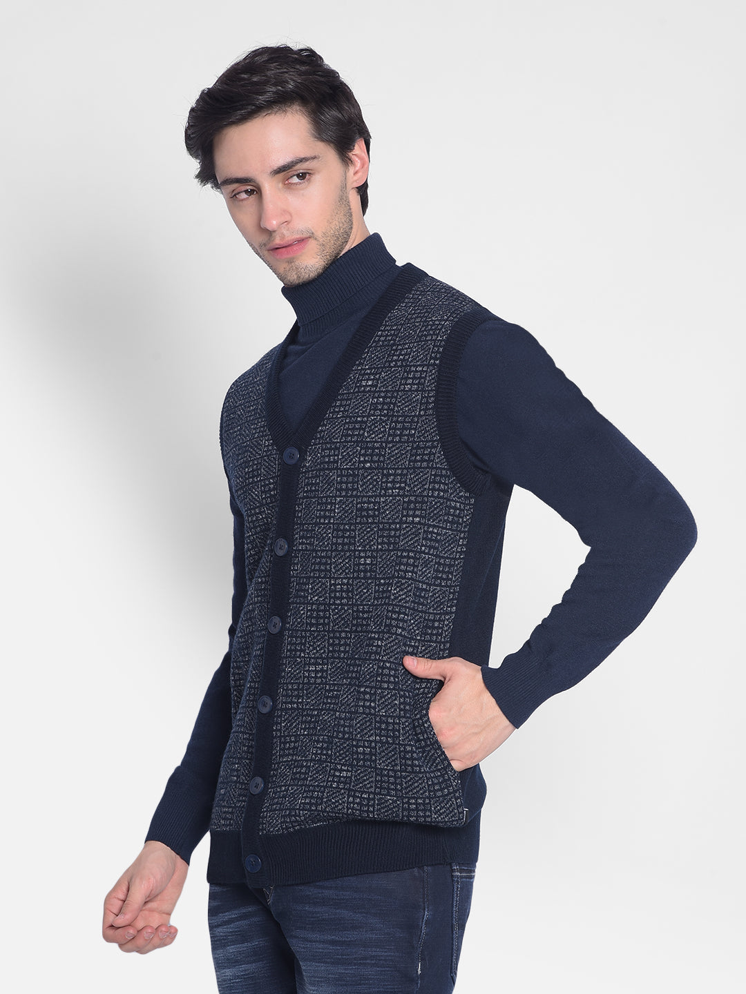 Navy Blue Sleeveless Cardigan-Men Sweaters-Crimsoune Club