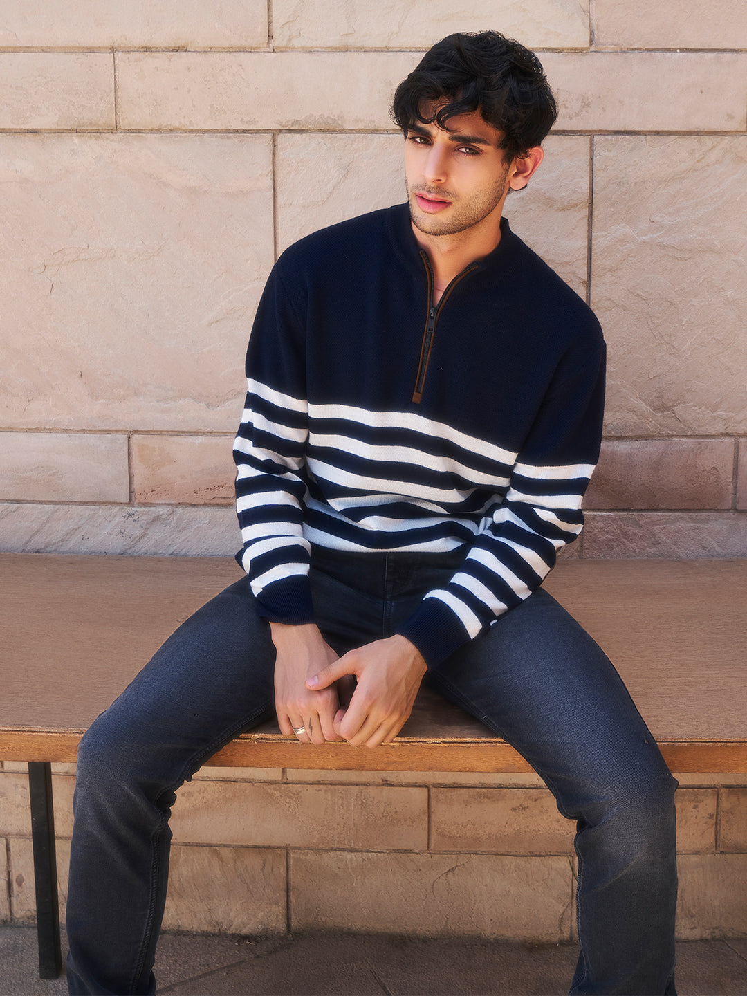 Navy Blue Striped Sweater-Men Sweaters-Crimsoune Club