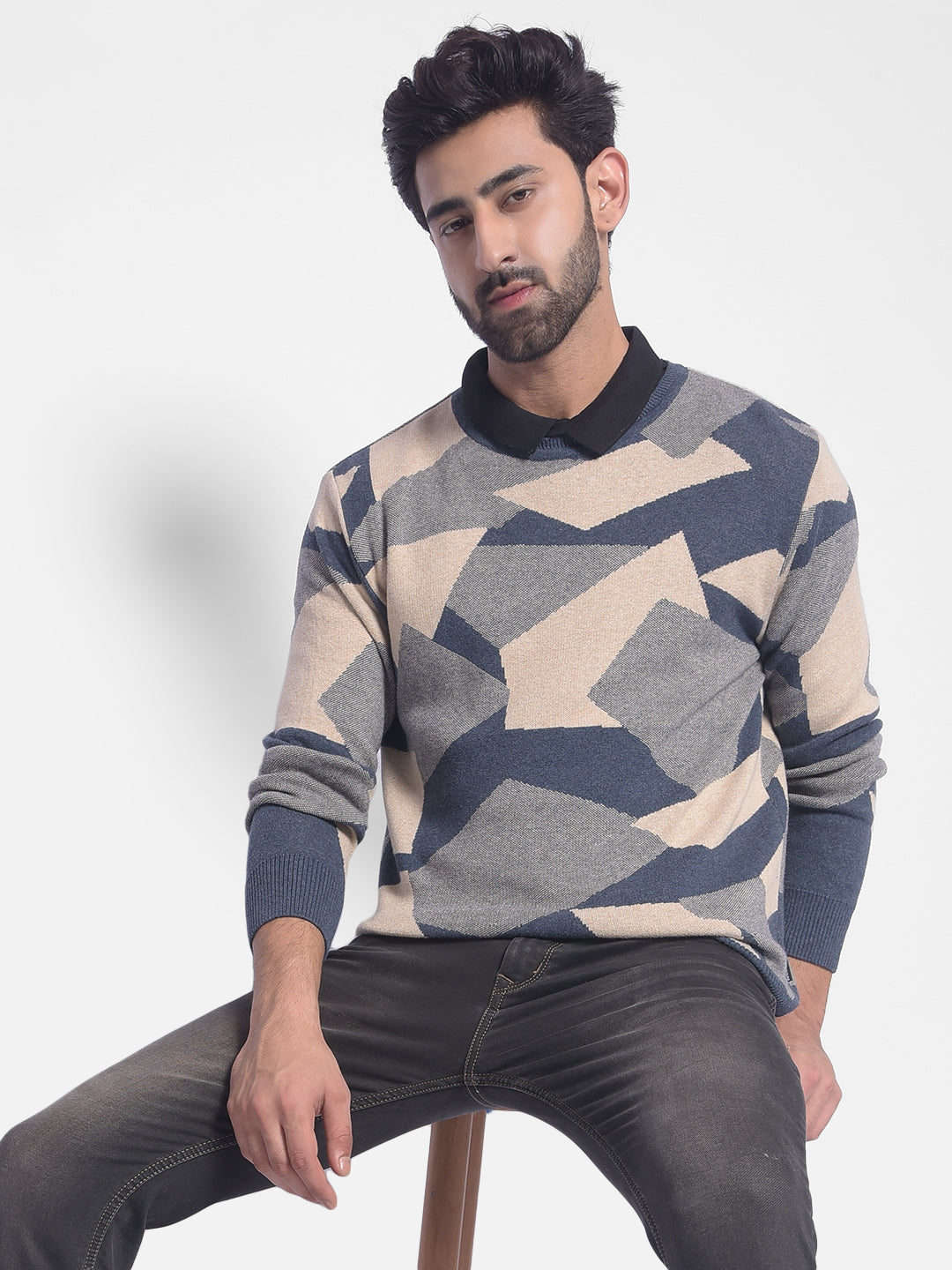 Beige Printed Sweater-Men Sweaters-Crimsoune Club