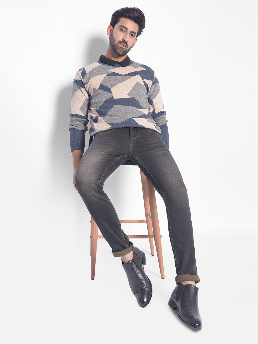 Beige Printed Sweater-Men Sweaters-Crimsoune Club