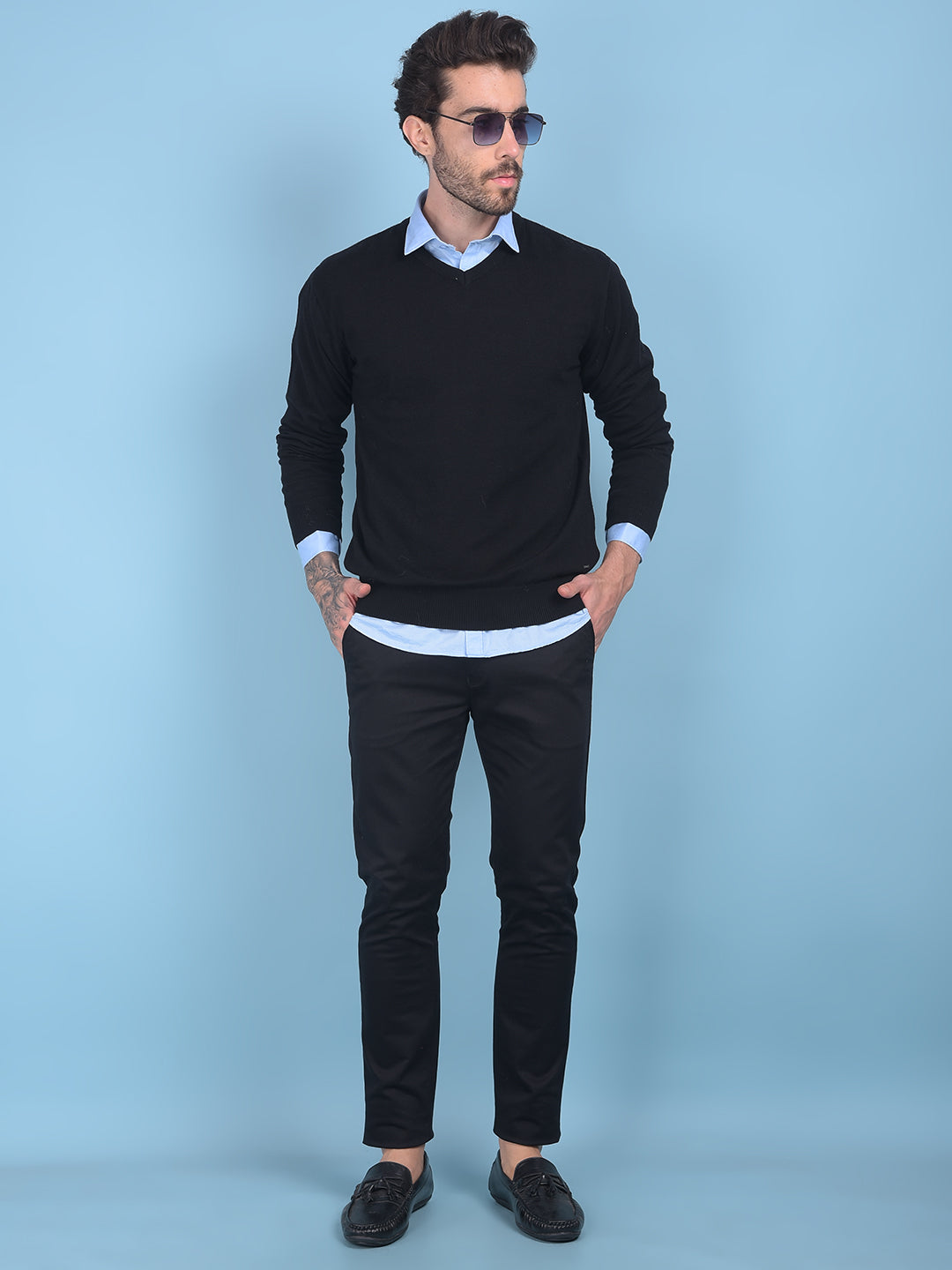 Black V-Neck Sweater-Men Sweaters-Crimsoune Club