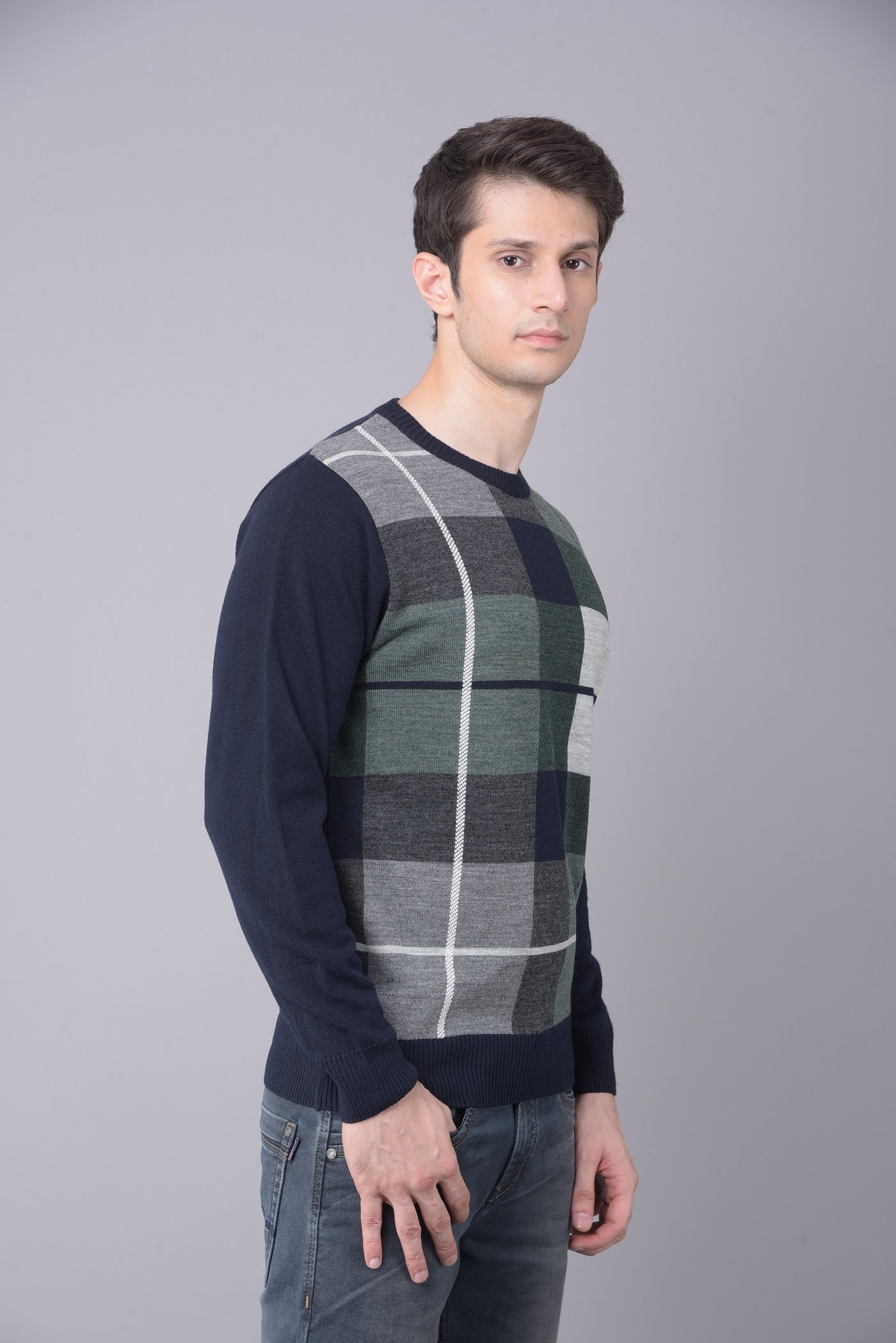 Navy Blue Checked Sweater-Men Sweaters-Crimsoune Club