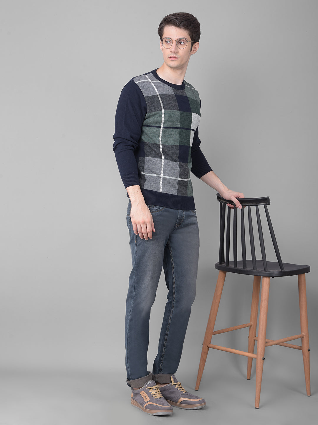 Navy Blue Checked Sweater-Men Sweaters-Crimsoune Club