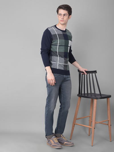 Navy Blue Checked Sweater-Men Sweaters-Crimsoune Club