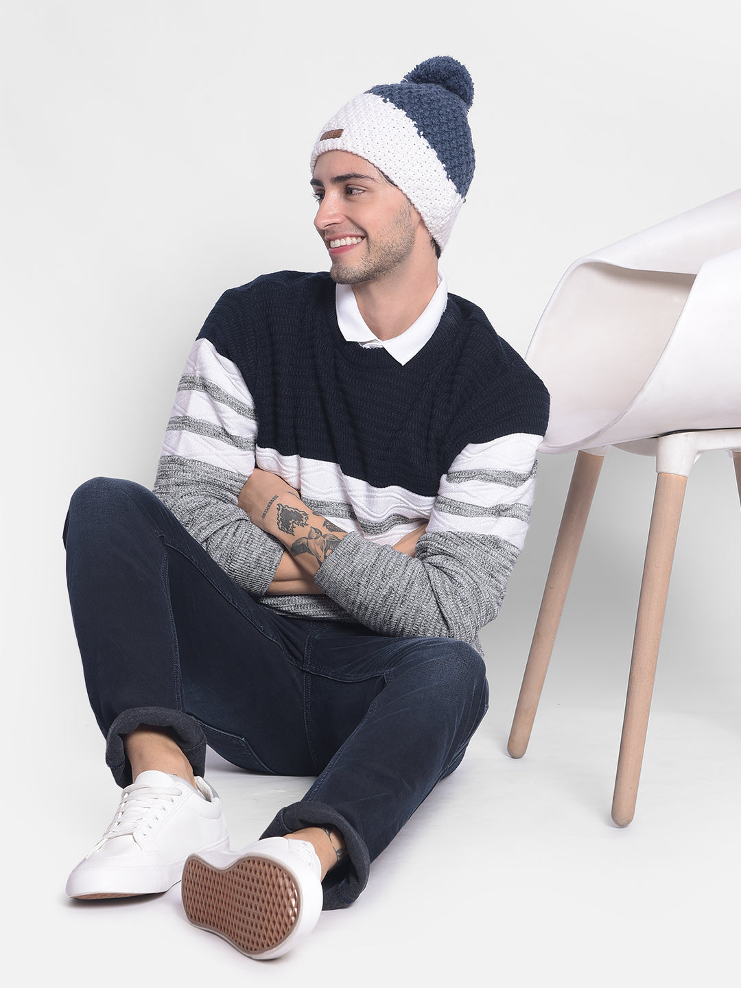 Navy Blue Striped Sweater-Men Sweaters-Crimsoune Club