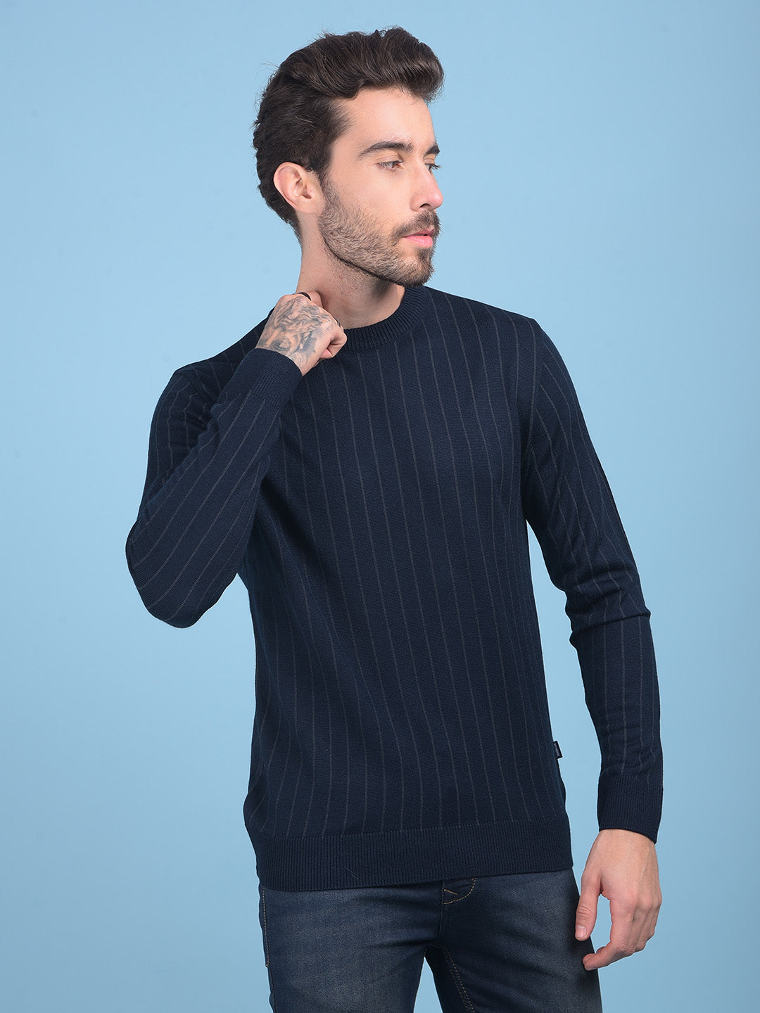 Navy Blue Striped Sweater-Men Sweaters-Crimsoune Club