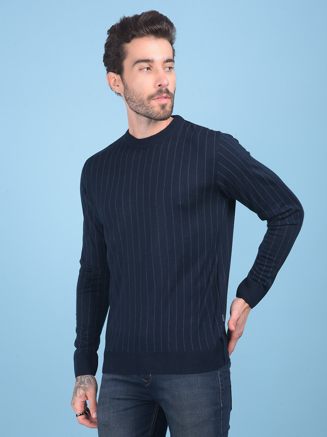 Navy Blue Striped Sweater-Men Sweaters-Crimsoune Club