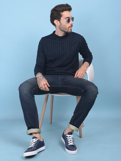 Navy Blue Striped Sweater-Men Sweaters-Crimsoune Club