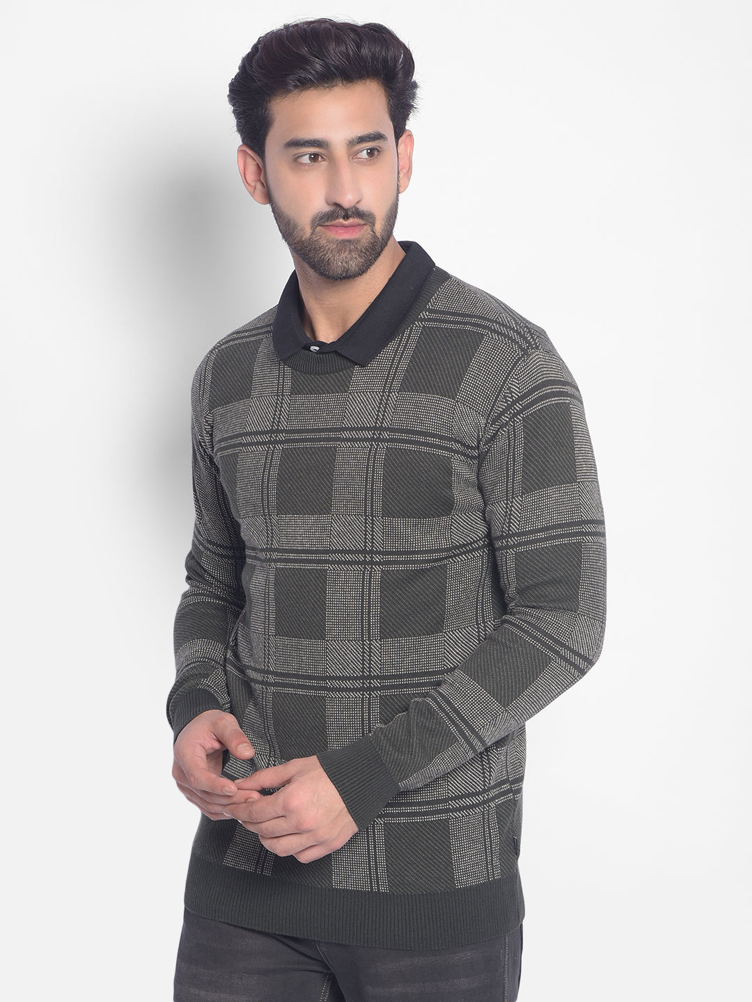 Olive Checked Sweater-Men Sweaters-Crimsoune Club