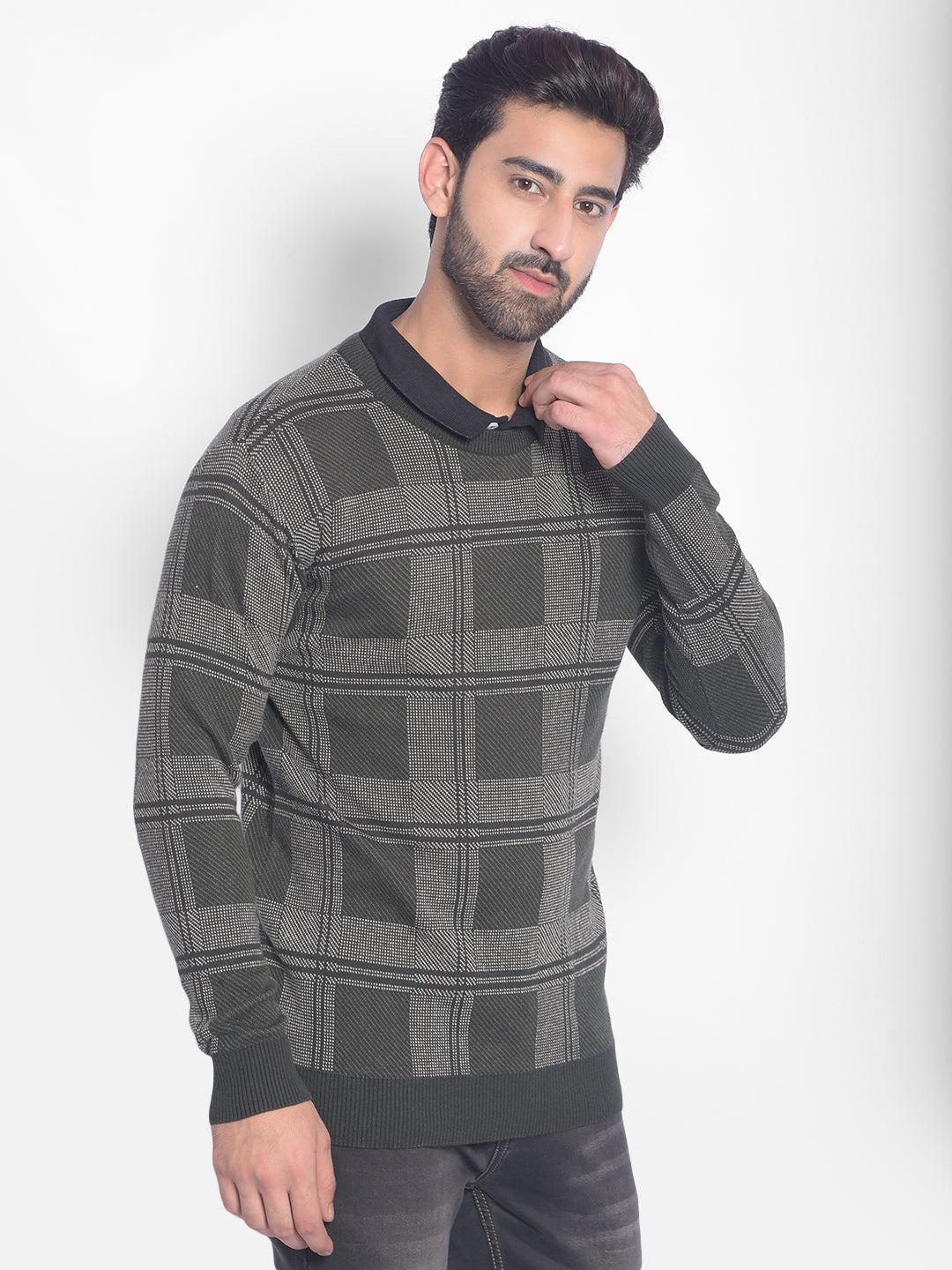 Olive Checked Sweater-Men Sweaters-Crimsoune Club