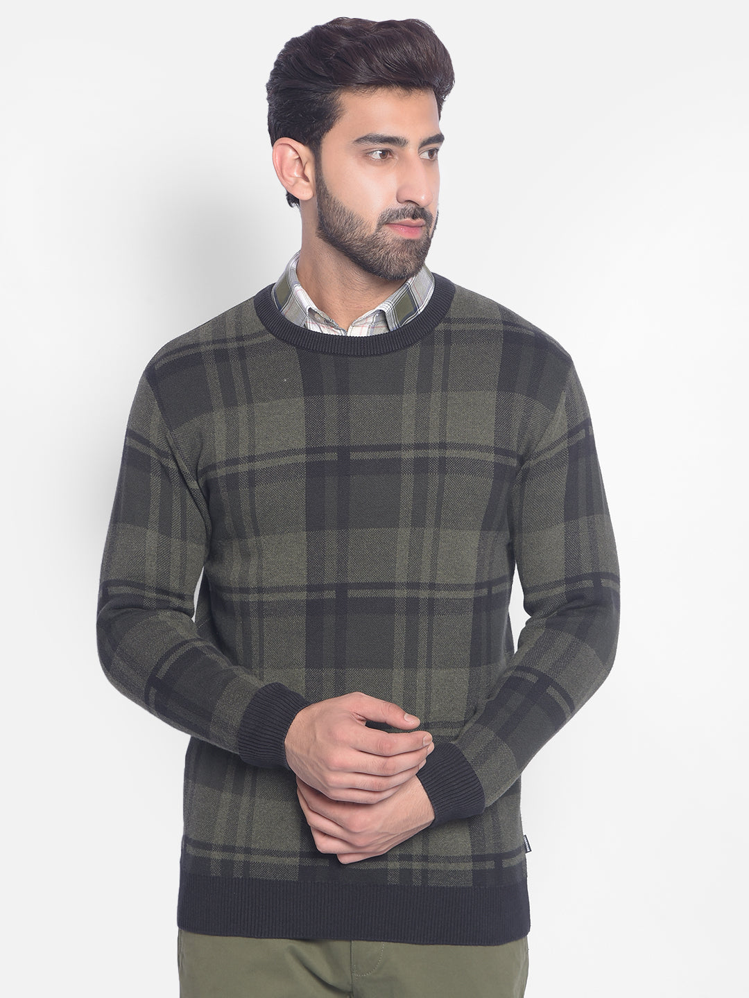 Olive Checked Sweater-Men Sweaters-Crimsoune Club