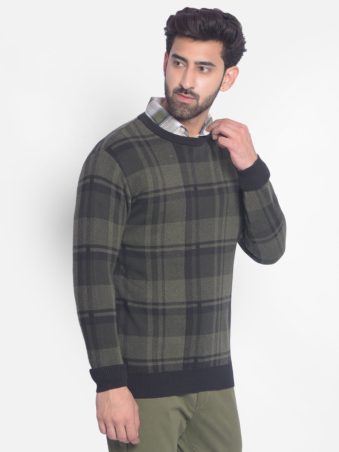 Olive Checked Sweater-Men Sweaters-Crimsoune Club