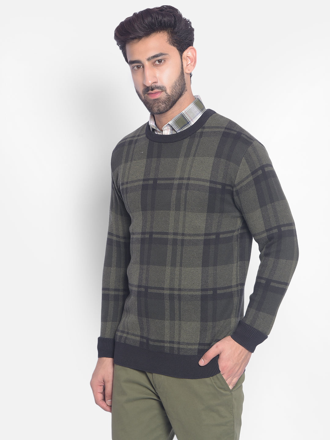 Olive Checked Sweater-Men Sweaters-Crimsoune Club