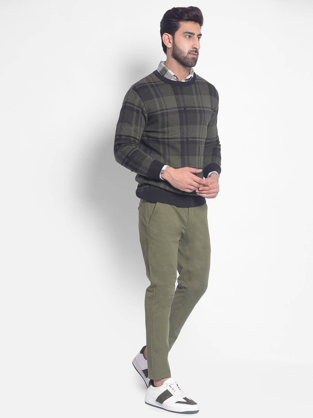 Olive Checked Sweater-Men Sweaters-Crimsoune Club