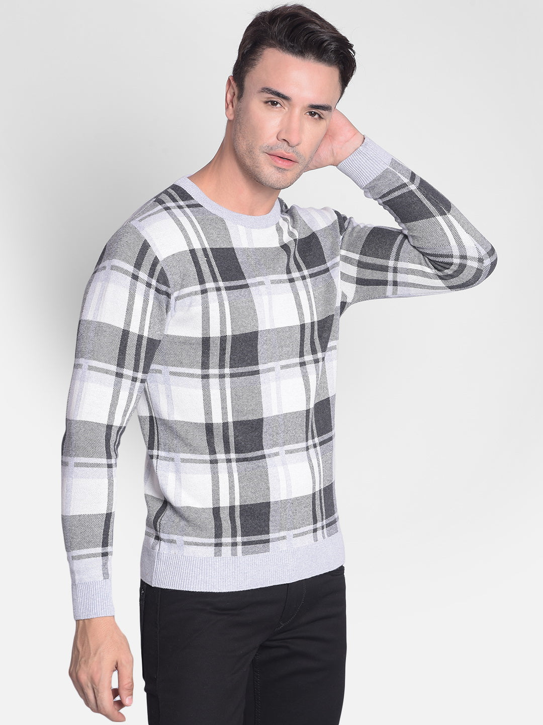 Grey Checked Sweater-Men Sweaters-Crimsoune Club