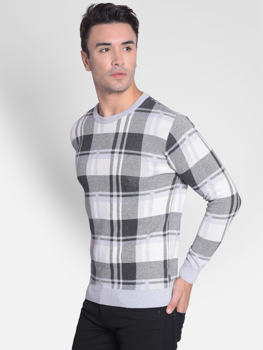 Grey Checked Sweater-Men Sweaters-Crimsoune Club