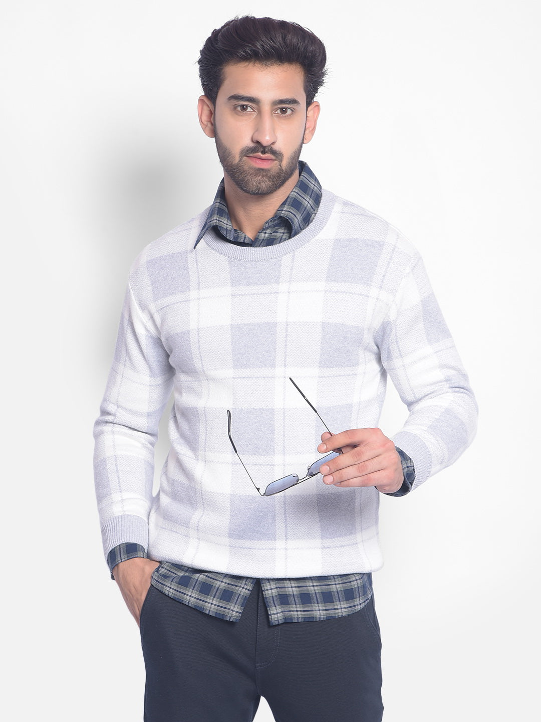 Grey Checked Sweater-Men Sweaters-Crimsoune Club