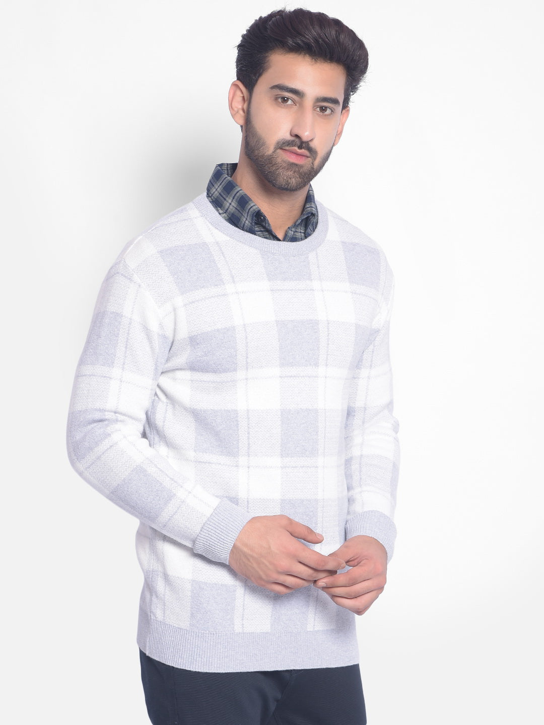 Grey Checked Sweater-Men Sweaters-Crimsoune Club