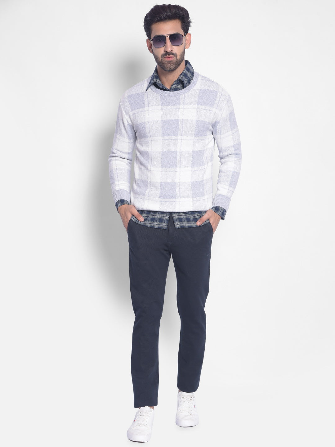 Grey Checked Sweater-Men Sweaters-Crimsoune Club