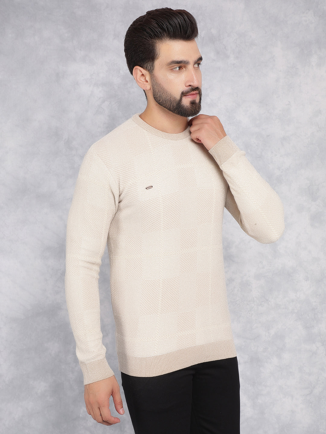 Beige Jacquard Sweater-Men Sweaters-Crimsoune Club