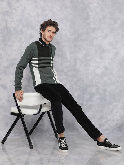 Olive Horizontal Stripes Sweater-Men Sweaters-Crimsoune Club