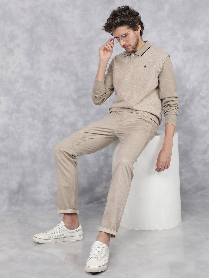 Beige V-Neck Sleeveless Sweater-Men Sweaters-Crimsoune Club