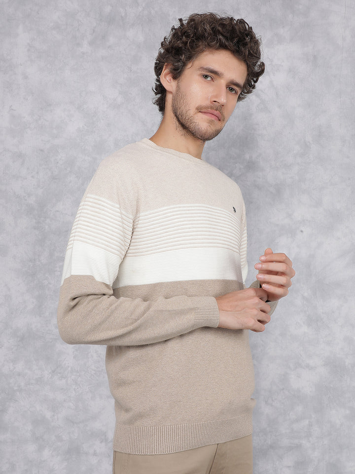 Beige Horizontal Stripes 100% Cotton Sweater-Men Sweaters-Crimsoune Club