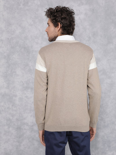 Beige Color Blocked 100% Cotton Sweater-Men Sweaters-Crimsoune Club