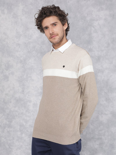 Beige Color Blocked 100% Cotton Sweater-Men Sweaters-Crimsoune Club