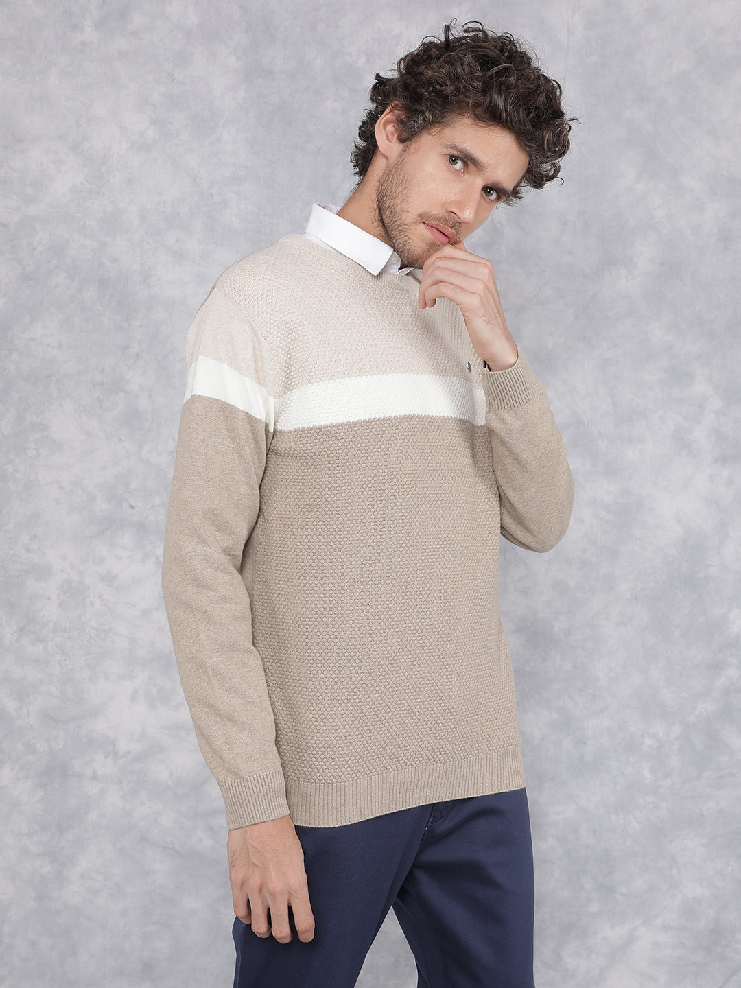 Beige Color Blocked 100% Cotton Sweater-Men Sweaters-Crimsoune Club