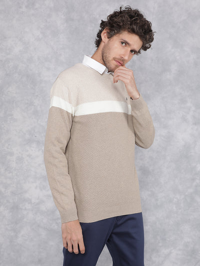 Beige Color Blocked 100% Cotton Sweater-Men Sweaters-Crimsoune Club