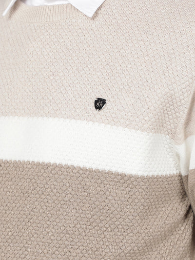 Beige Color Blocked 100% Cotton Sweater-Men Sweaters-Crimsoune Club