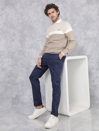 Beige Color Blocked 100% Cotton Sweater-Men Sweaters-Crimsoune Club