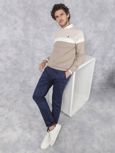 Beige Color Blocked 100% Cotton Sweater-Men Sweaters-Crimsoune Club
