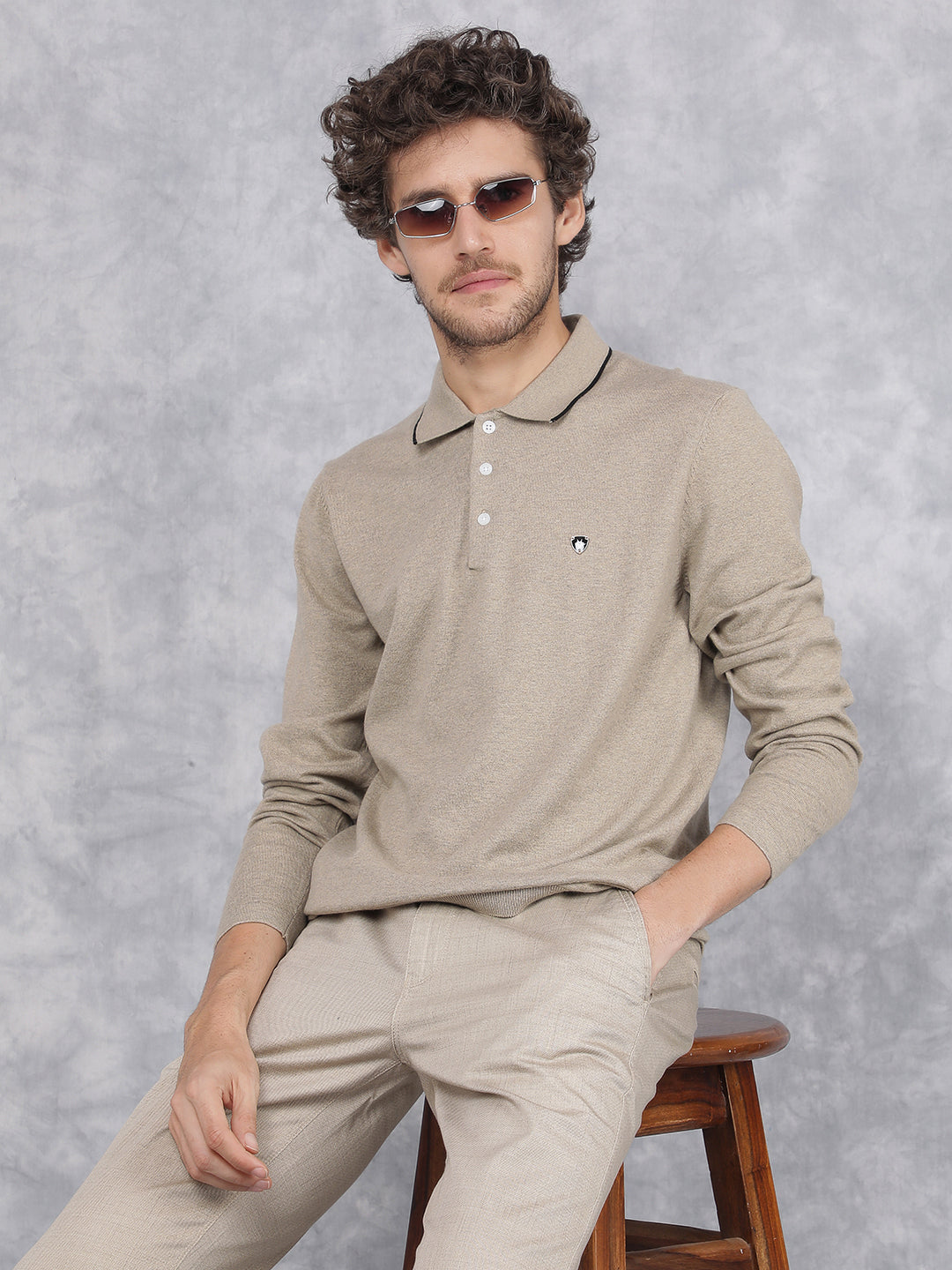 Beige Polo Neck Knitted Long Sleeves T-Shirt – Crimsoune Club