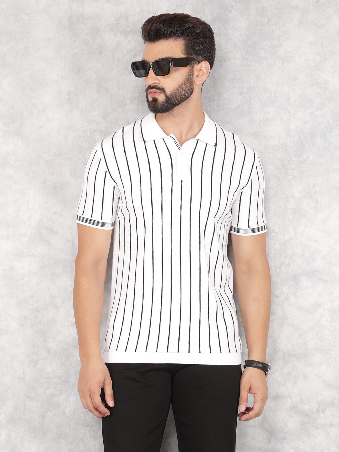 Black Vertical Striped Polo Neck T-Shirt