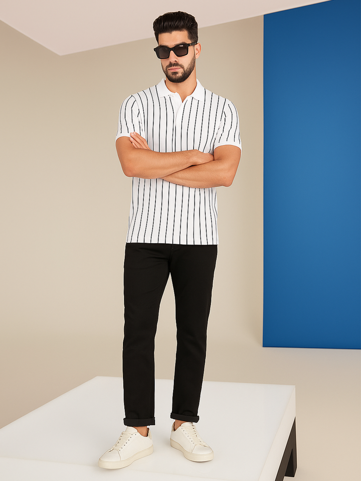 Black Vertical Striped Polo Neck T-Shirt-Men T-Shirts-Crimsoune Club