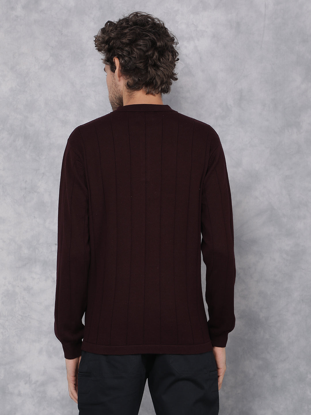 Wine Polo Neck Knitted 100% Cotton Long Sleeves T-Shirt - Main Image
