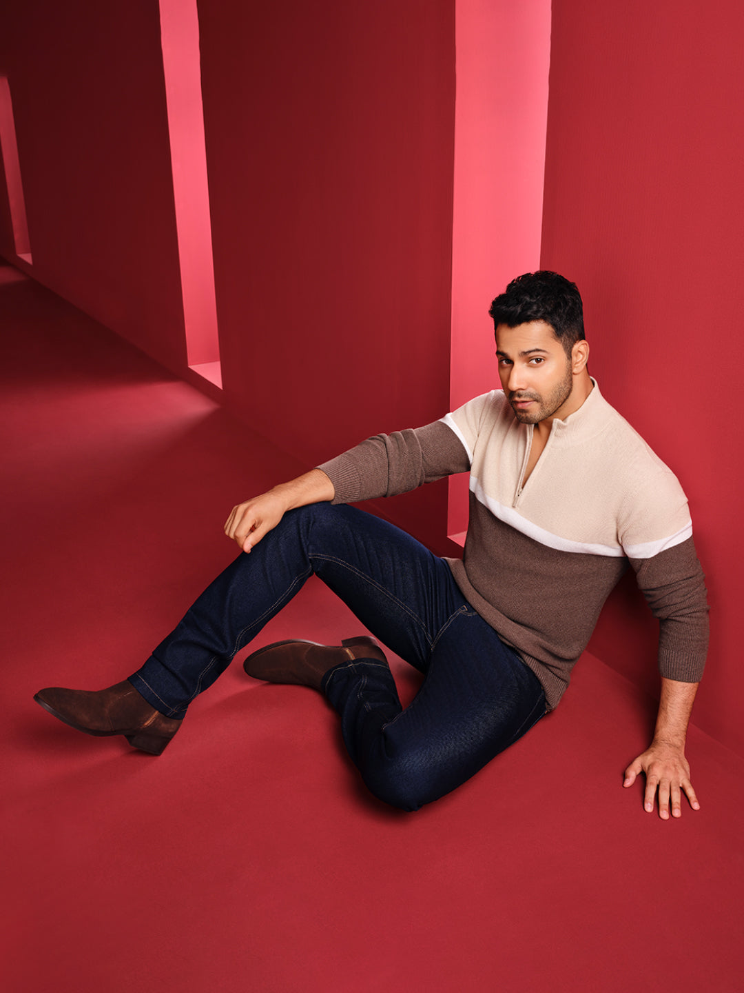 Beige Color-Block 100% Cotton Knitted Sweater-Men Sweaters-Crimsoune Club