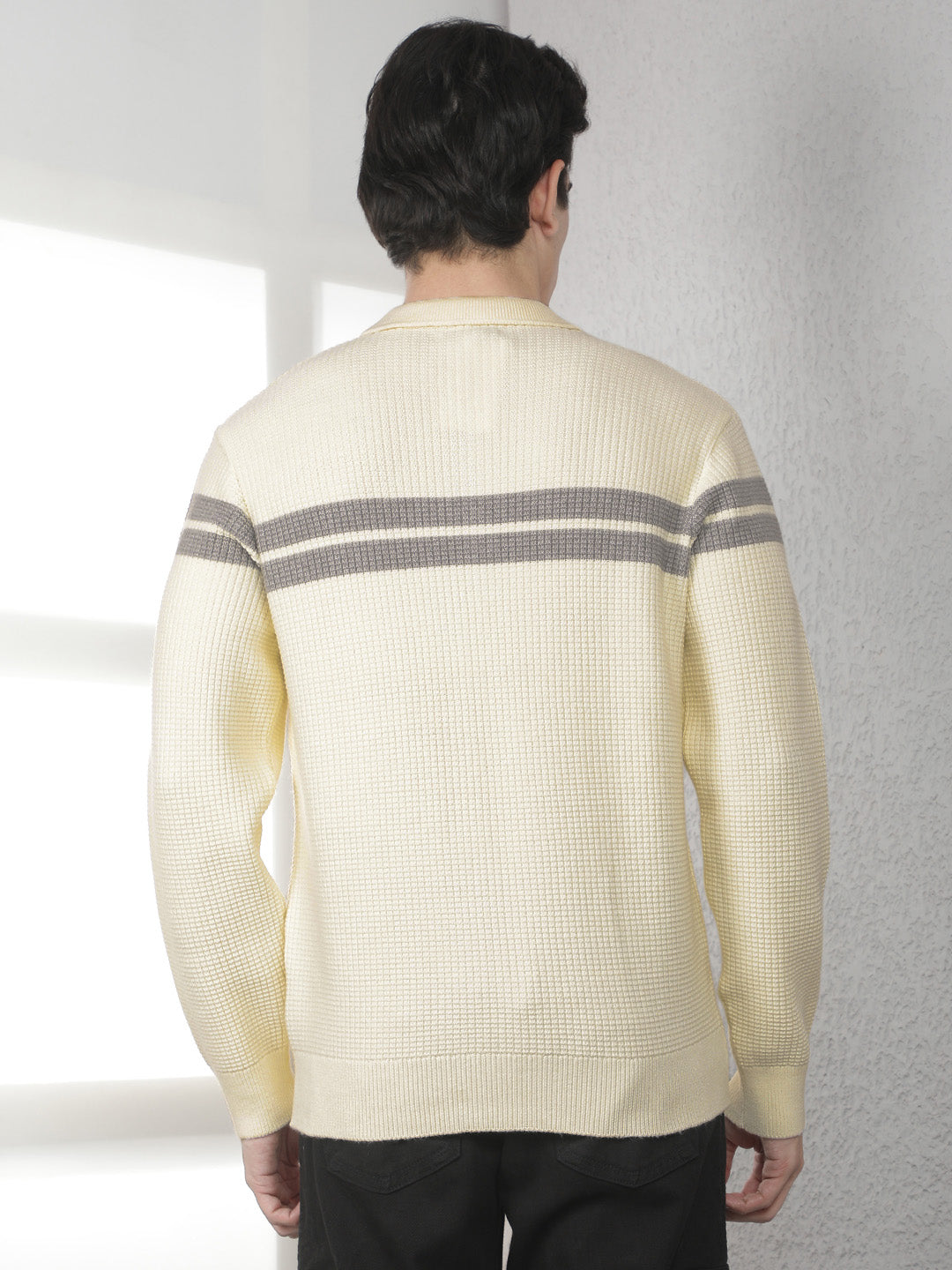Off White Horizontal Stripes Knitted Polo Sweater-Men Sweaters-Crimsoune Club