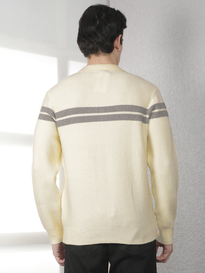 Off White Horizontal Stripes Knitted Polo Sweater-Men Sweaters-Crimsoune Club