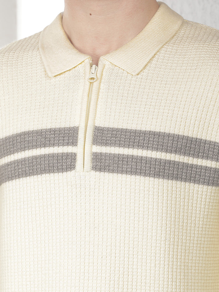 Off White Horizontal Stripes Knitted Polo Sweater-Men Sweaters-Crimsoune Club