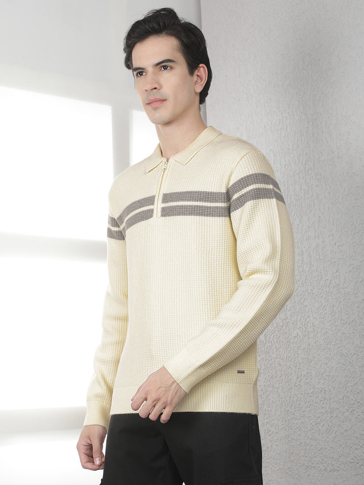 Off White Horizontal Stripes Knitted Polo Sweater-Men Sweaters-Crimsoune Club