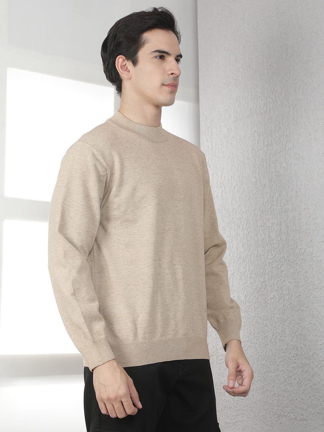 Beige High Neck Sweater-Men Sweaters-Crimsoune Club