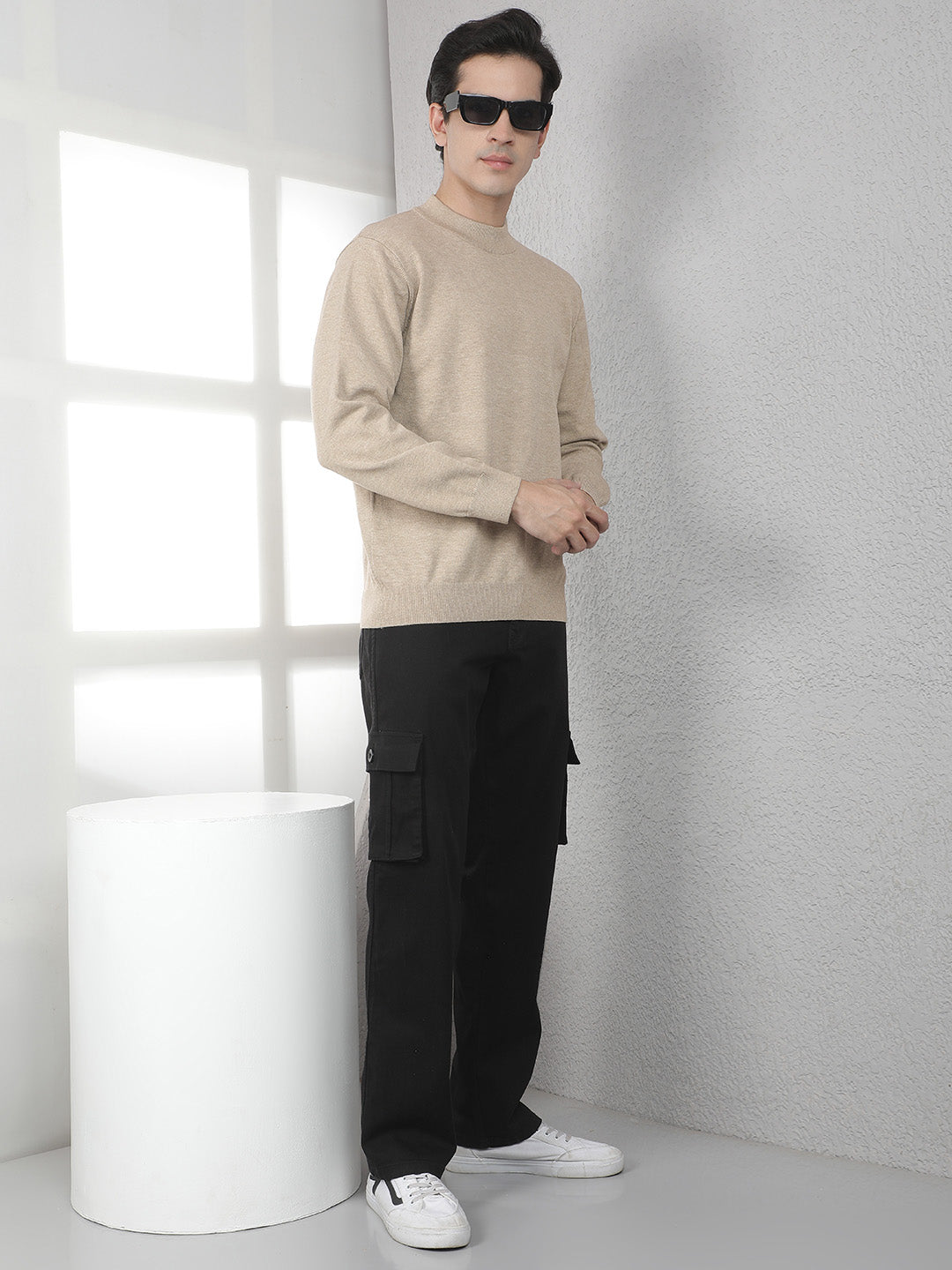 Beige High Neck Sweater-Men Sweaters-Crimsoune Club