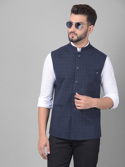 Navy Blue Checked Waistcoat-Men Waistcoats-Crimsoune Club