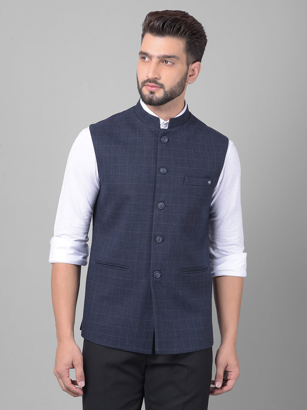 Navy Blue Checked Waistcoat-Men Waistcoats-Crimsoune Club